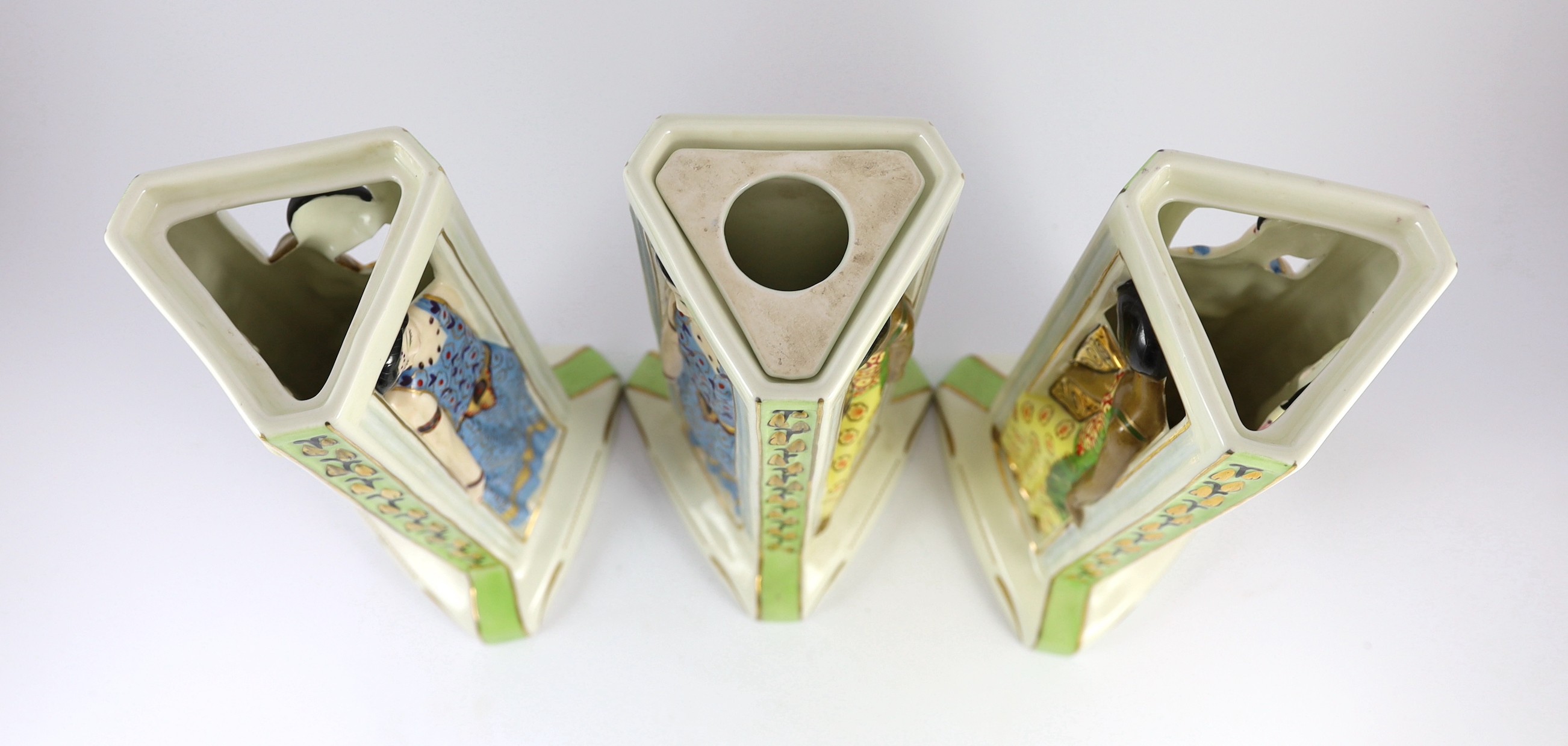 Three Limoges for Maison Duchaussy Art Deco ceramic 'Three Continents' perfume burners, 42.5cm high